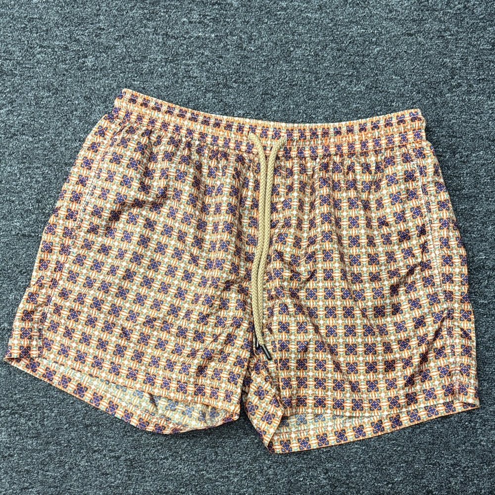 NWT FEFE Men's Tan and Purple Patterned Swim Trunks Size XL